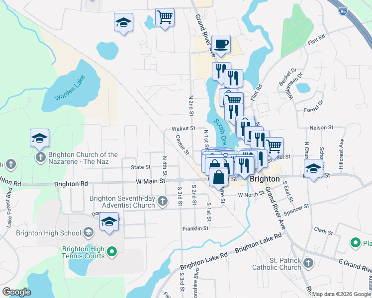 map of restaurants, bars, coffee shops, grocery stores, and more near 303 North 3rd Center in Brighton