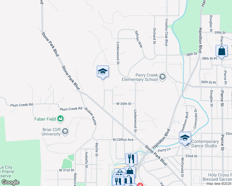 map of restaurants, bars, coffee shops, grocery stores, and more near 410 Driftwood Court in Sioux City