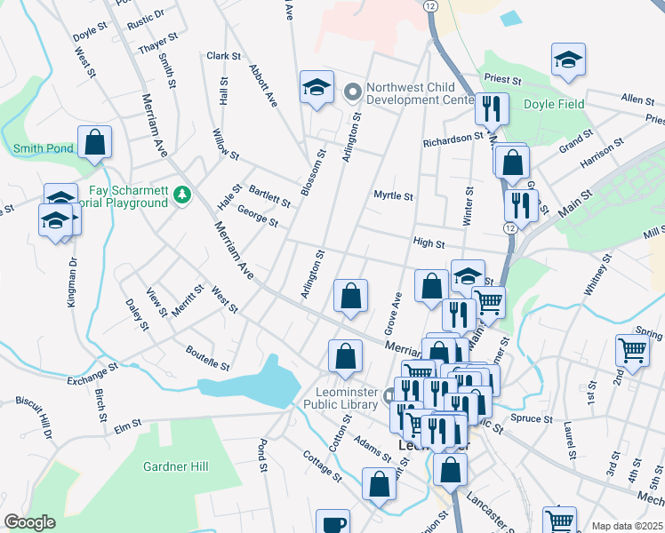map of restaurants, bars, coffee shops, grocery stores, and more near 61 Washington Street in Leominster