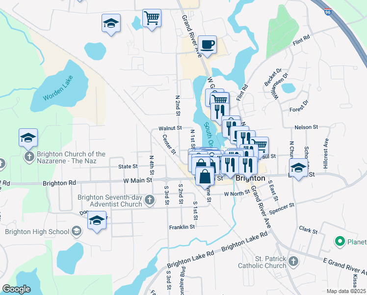 map of restaurants, bars, coffee shops, grocery stores, and more near 211 North 1st Street in Brighton
