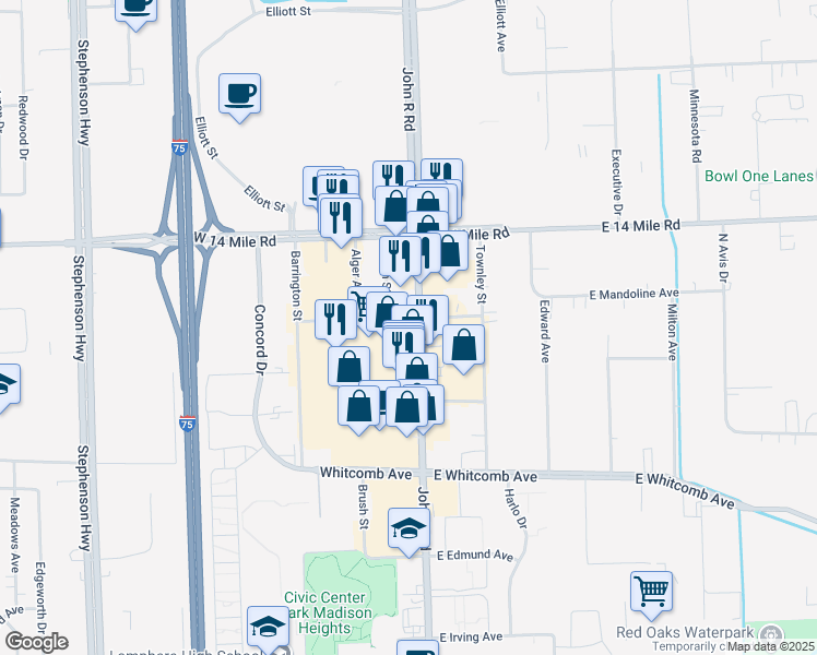 map of restaurants, bars, coffee shops, grocery stores, and more near 32415 John R Rd in Madison Heights
