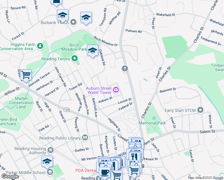 map of restaurants, bars, coffee shops, grocery stores, and more near 40 Auburn Street in Reading