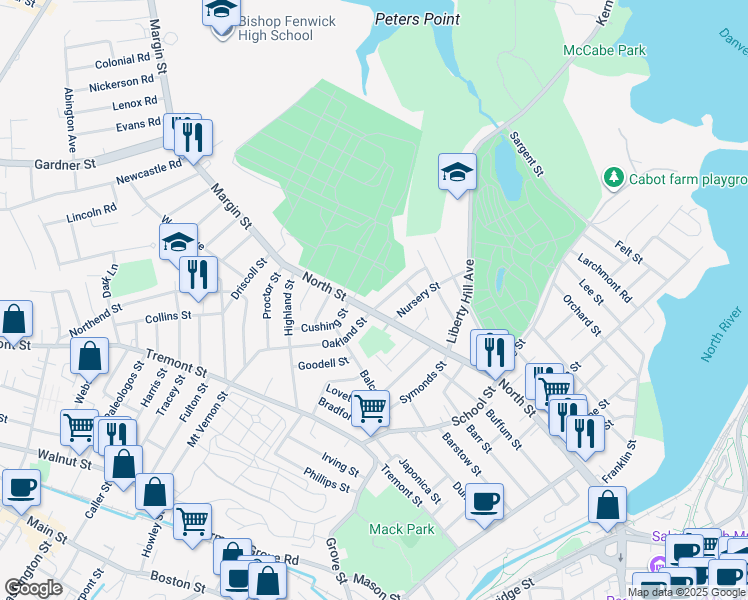 map of restaurants, bars, coffee shops, grocery stores, and more near 209 North Street in Salem
