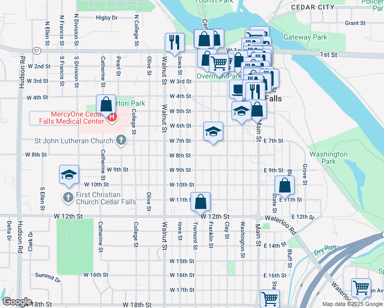 map of restaurants, bars, coffee shops, grocery stores, and more near 803-805 Tremont Street in Cedar Falls