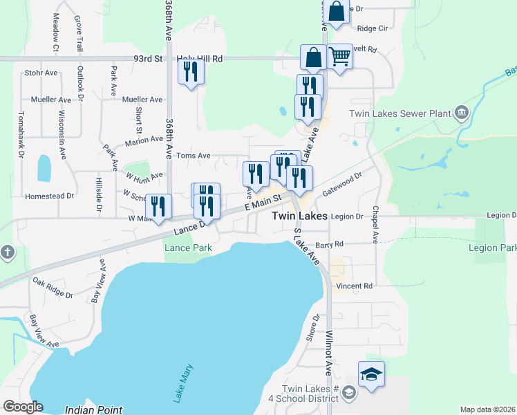 map of restaurants, bars, coffee shops, grocery stores, and more near 307 East Main Street in Twin Lakes