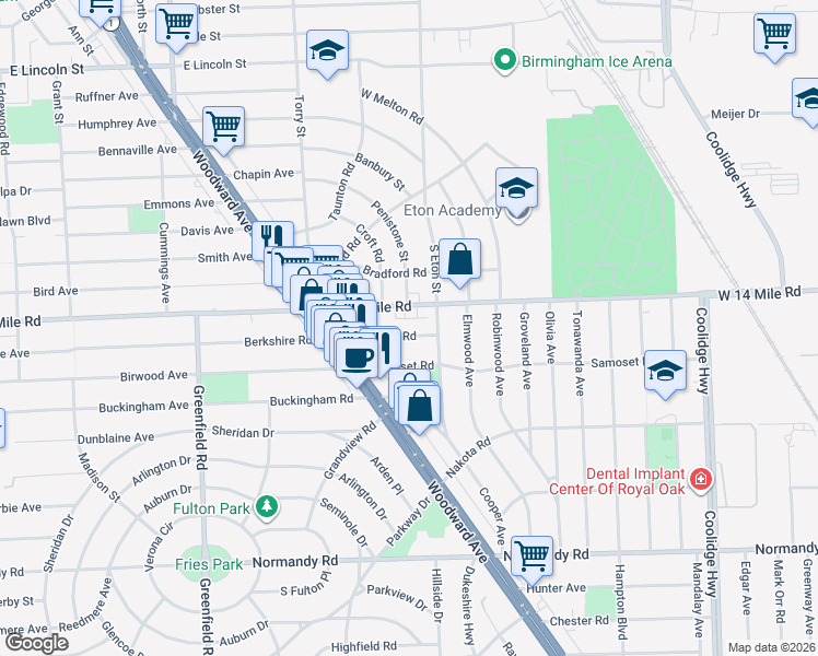 map of restaurants, bars, coffee shops, grocery stores, and more near 4127 Berkshire Road in Royal Oak