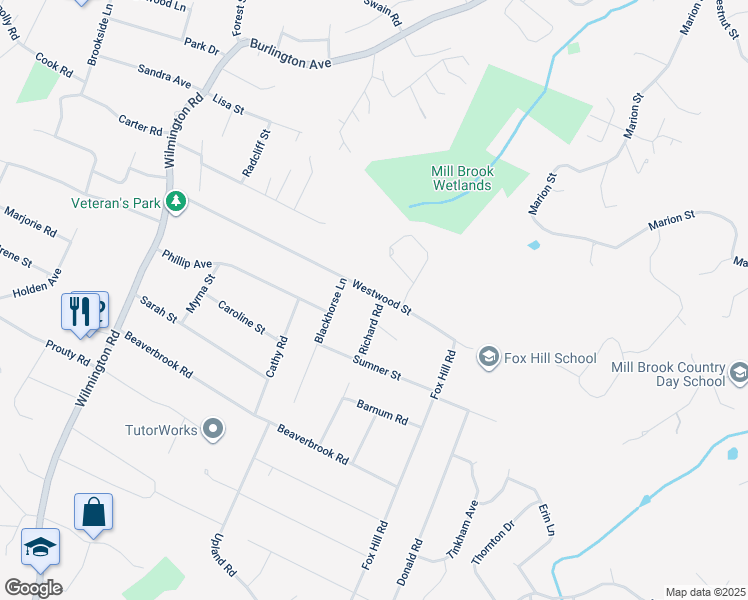 map of restaurants, bars, coffee shops, grocery stores, and more near 47 Westwood Street in Burlington