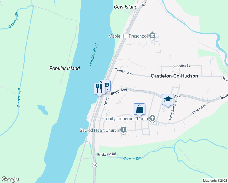 map of restaurants, bars, coffee shops, grocery stores, and more near 20 Prins Hill Way in Castleton-on-Hudson