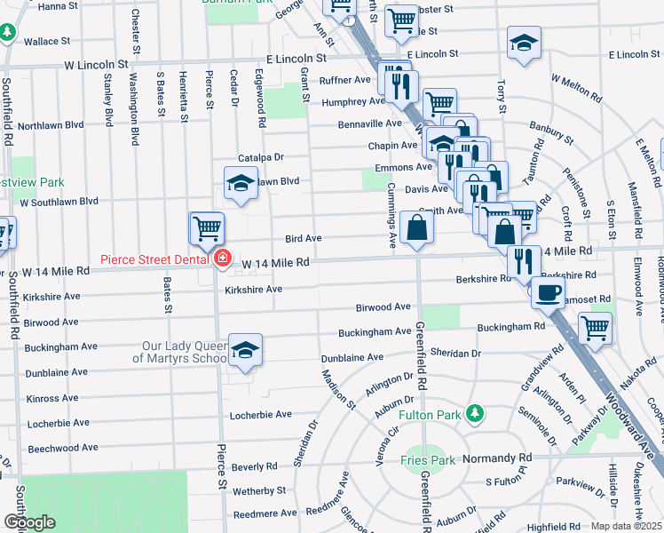 map of restaurants, bars, coffee shops, grocery stores, and more near 15785 Kirkshire Avenue in Beverly Hills