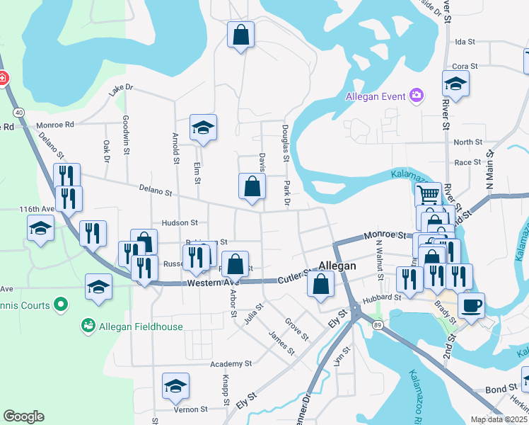 map of restaurants, bars, coffee shops, grocery stores, and more near Davis Street in Allegan