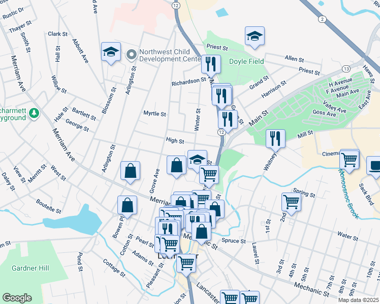 map of restaurants, bars, coffee shops, grocery stores, and more near 10 Winter Street in Leominster