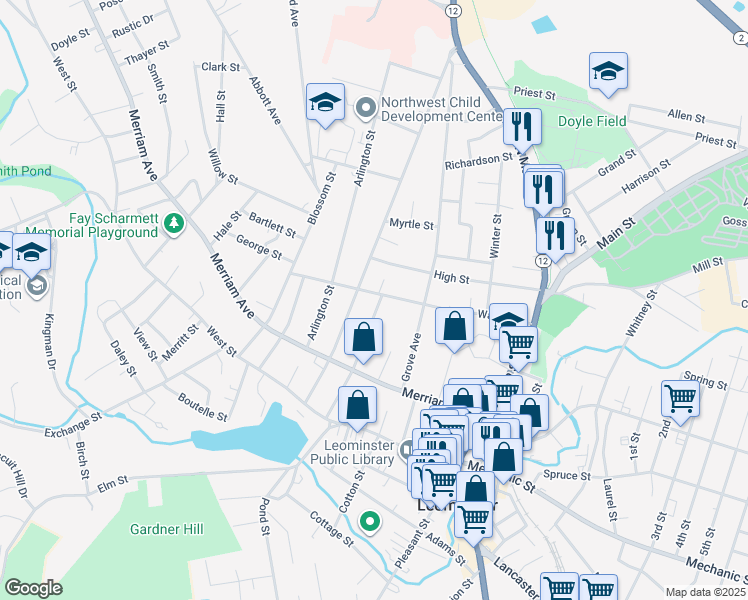 map of restaurants, bars, coffee shops, grocery stores, and more near 87 Orchard Street in Leominster