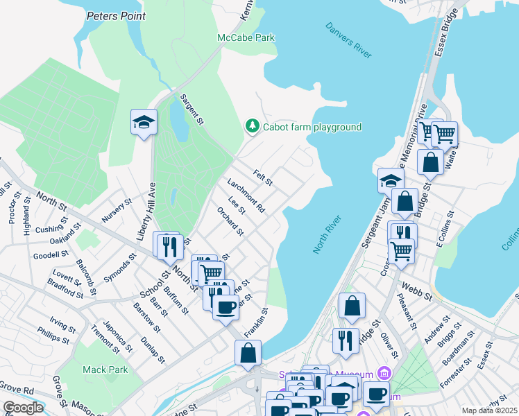 map of restaurants, bars, coffee shops, grocery stores, and more near 41 Dearborn Street in Salem