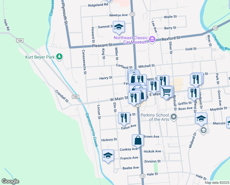 map of restaurants, bars, coffee shops, grocery stores, and more near 29 West Main Street in Norwich
