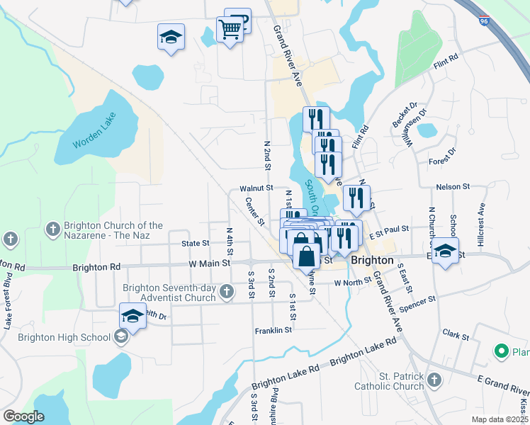 map of restaurants, bars, coffee shops, grocery stores, and more near 303 North 3rd Center in Brighton
