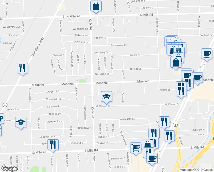 map of restaurants, bars, coffee shops, grocery stores, and more near 18820 Masonic Boulevard in Roseville