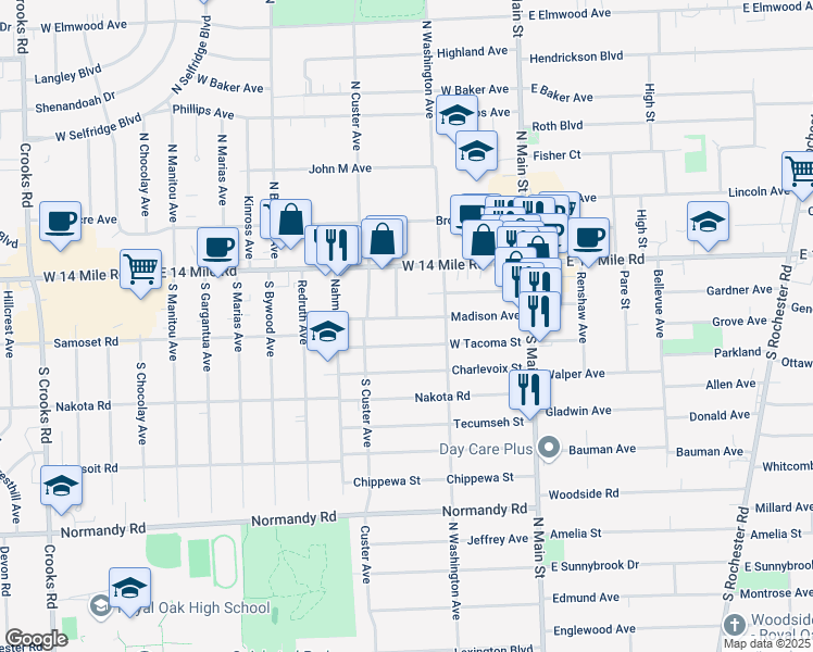 map of restaurants, bars, coffee shops, grocery stores, and more near 277 West Tacoma Street in Clawson