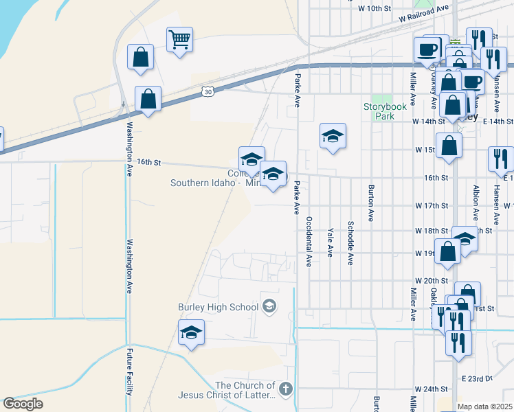 map of restaurants, bars, coffee shops, grocery stores, and more near 1144 West 17th Street in Burley