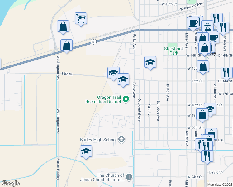 map of restaurants, bars, coffee shops, grocery stores, and more near 1144 West 17th Street in Burley