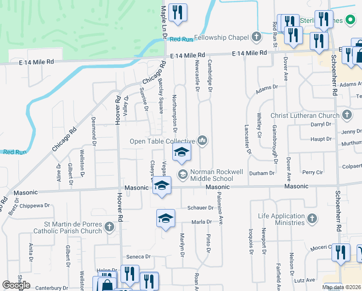 map of restaurants, bars, coffee shops, grocery stores, and more near 12182 Sheffield Dr in Warren