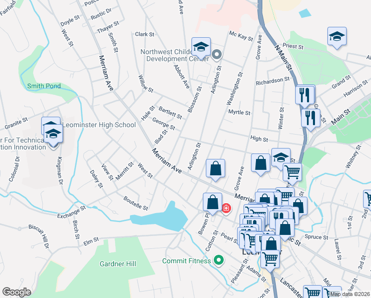 map of restaurants, bars, coffee shops, grocery stores, and more near 24 Arlington Street in Leominster