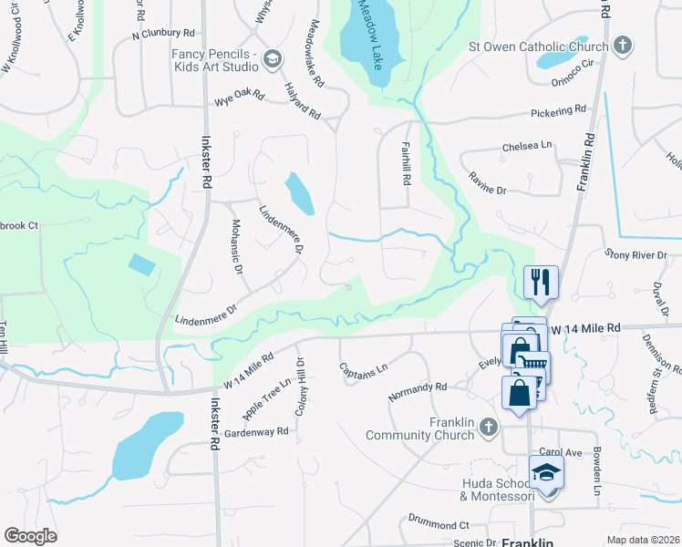 map of restaurants, bars, coffee shops, grocery stores, and more near 7400 Hiddenbrook Lane in Bloomfield Hills