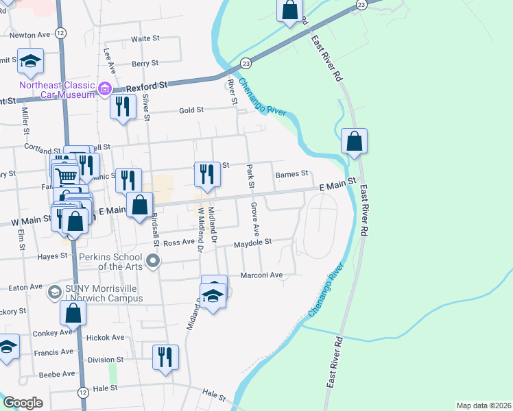 map of restaurants, bars, coffee shops, grocery stores, and more near 15 Grove Ave in Norwich