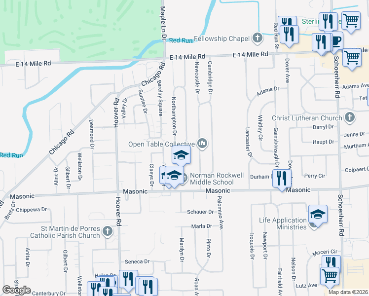 map of restaurants, bars, coffee shops, grocery stores, and more near 12182 Sheffield Drive in Warren