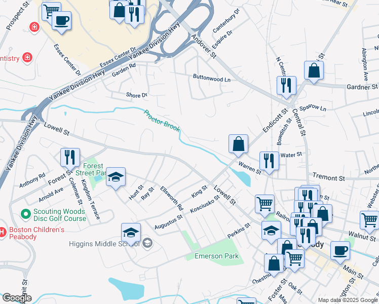 map of restaurants, bars, coffee shops, grocery stores, and more near 176 Lowell Street in Peabody