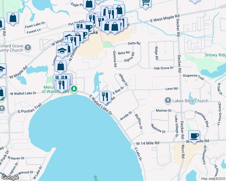 map of restaurants, bars, coffee shops, grocery stores, and more near 311 Leon Road in Walled Lake