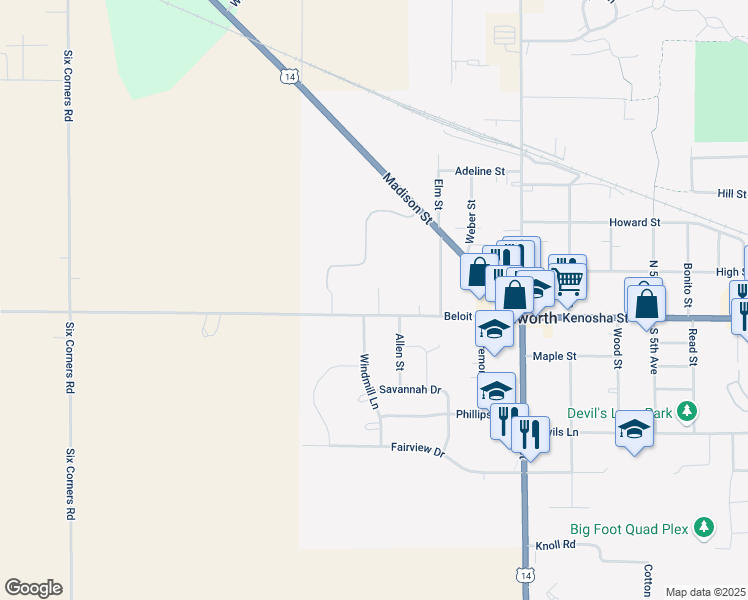 map of restaurants, bars, coffee shops, grocery stores, and more near 418 Beloit Street in Walworth