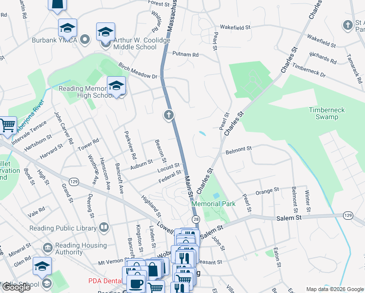 map of restaurants, bars, coffee shops, grocery stores, and more near 849 Main Street in Reading