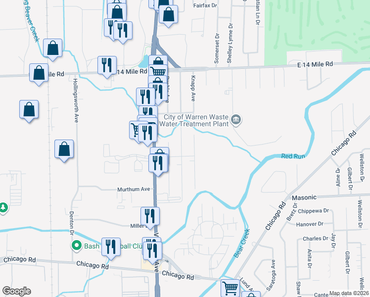 map of restaurants, bars, coffee shops, grocery stores, and more near 32256 Linderman Avenue in Warren
