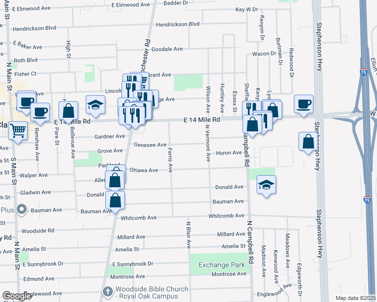 map of restaurants, bars, coffee shops, grocery stores, and more near 1204 Genesee Avenue in Royal Oak