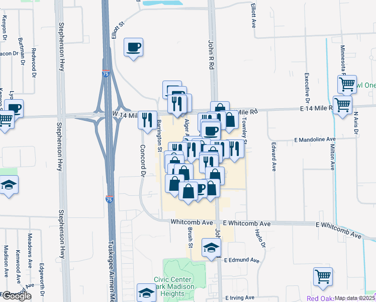 map of restaurants, bars, coffee shops, grocery stores, and more near 32700 Alger Avenue in Madison Heights
