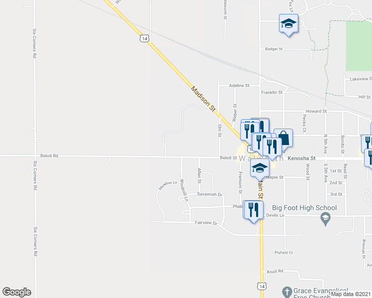 map of restaurants, bars, coffee shops, grocery stores, and more near 418 Beloit Street in Walworth