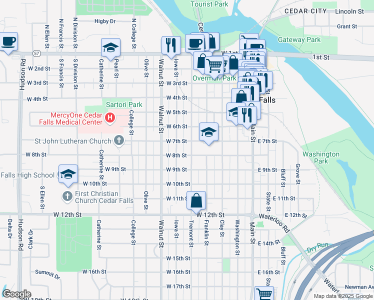 map of restaurants, bars, coffee shops, grocery stores, and more near 621 Tremont Street in Cedar Falls