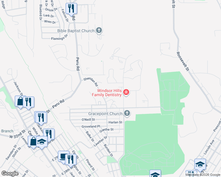map of restaurants, bars, coffee shops, grocery stores, and more near Padre Pio Dr in Dubuque
