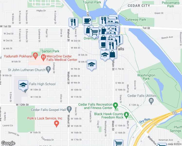 map of restaurants, bars, coffee shops, grocery stores, and more near 321 West 8th Street in Cedar Falls