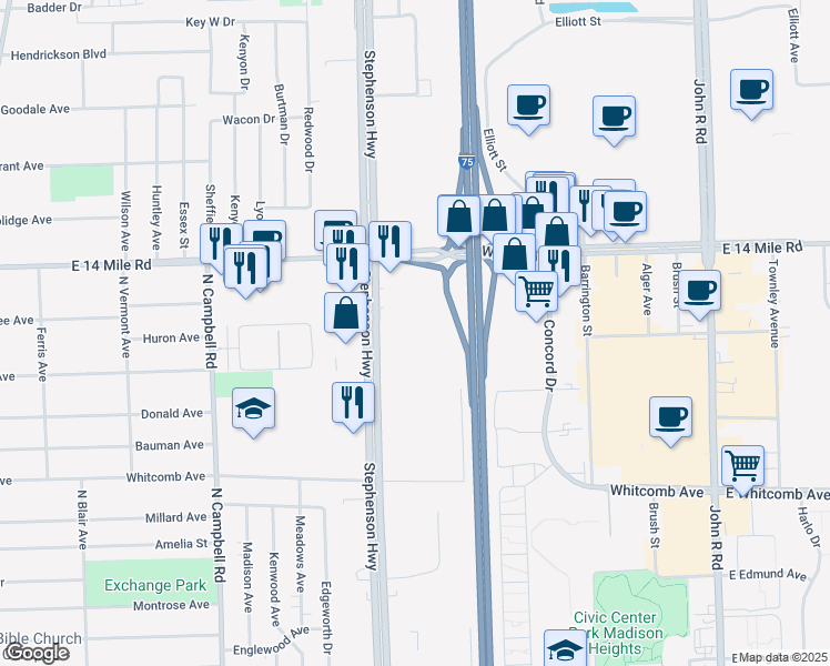 map of restaurants, bars, coffee shops, grocery stores, and more near 32800 Stephenson Highway in Madison Heights