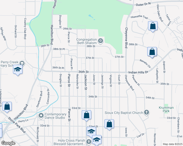 map of restaurants, bars, coffee shops, grocery stores, and more near 3614 Jackson Street in Sioux City