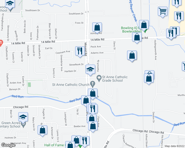 map of restaurants, bars, coffee shops, grocery stores, and more near 32400 Mound Road in Warren