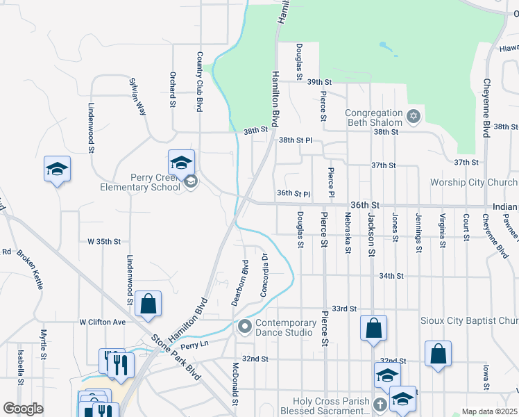 map of restaurants, bars, coffee shops, grocery stores, and more near 3606 Hamilton Boulevard in Sioux City