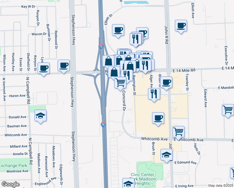 map of restaurants, bars, coffee shops, grocery stores, and more near 32701 Concord Drive in Madison Heights