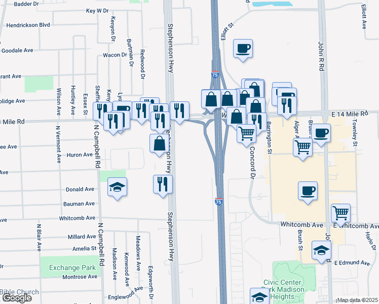 map of restaurants, bars, coffee shops, grocery stores, and more near 32800 Stephenson Highway in Madison Heights