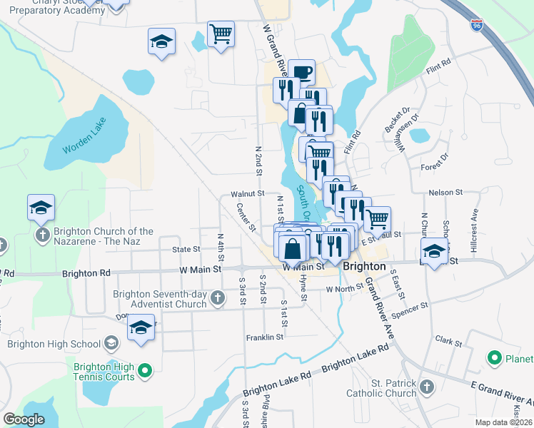map of restaurants, bars, coffee shops, grocery stores, and more near 333 North 1st Street in Brighton