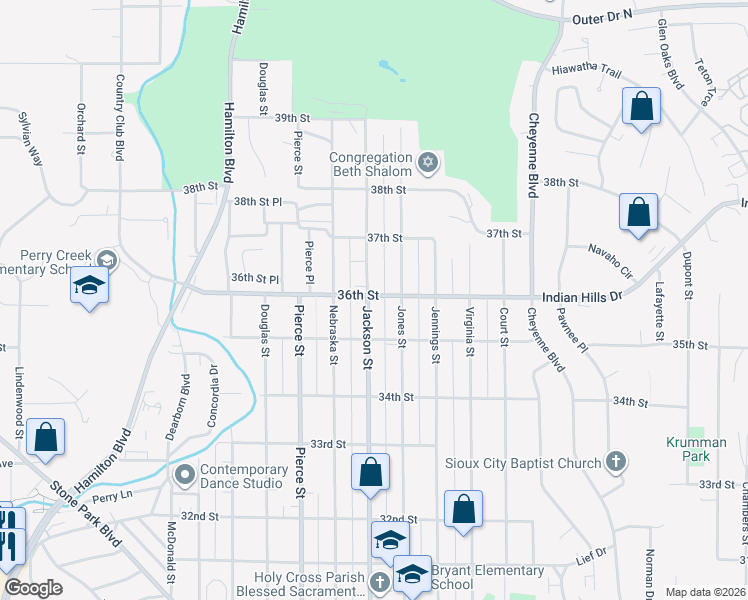 map of restaurants, bars, coffee shops, grocery stores, and more near 3614 Jackson Street in Sioux City