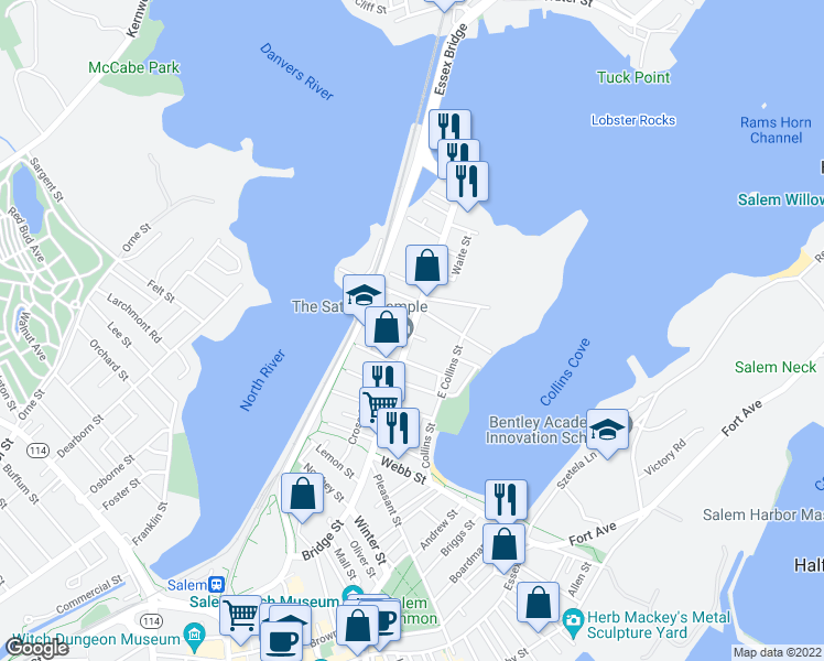 map of restaurants, bars, coffee shops, grocery stores, and more near 1 Burnside Street in Salem