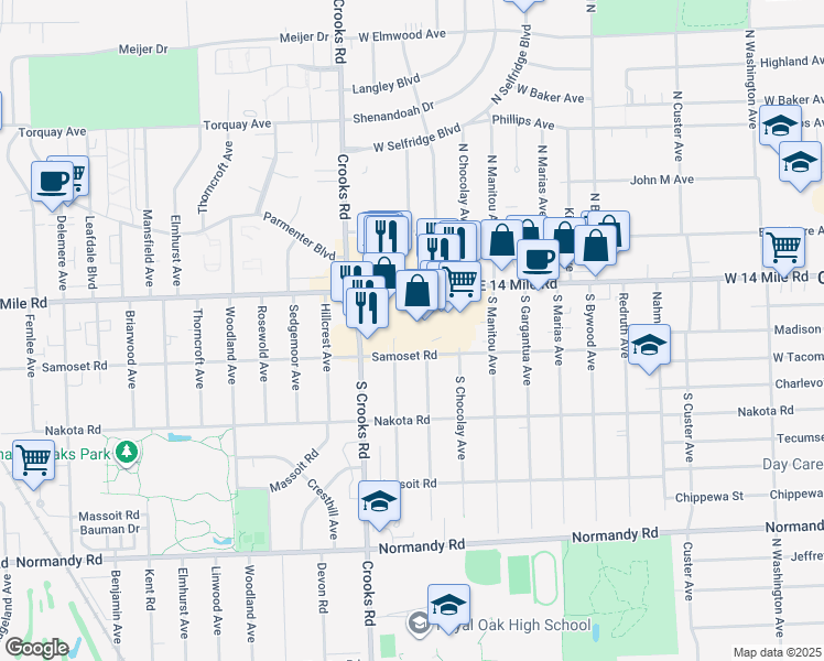 map of restaurants, bars, coffee shops, grocery stores, and more near 1213 West 14 Mile Road in Clawson