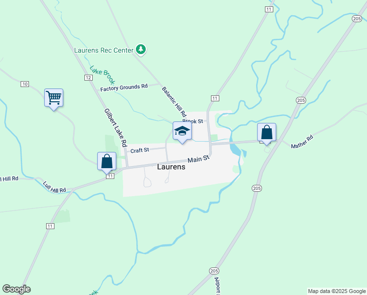 map of restaurants, bars, coffee shops, grocery stores, and more near 55 Main Street in Laurens